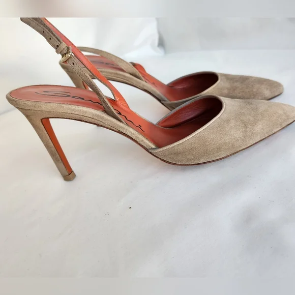 Santoni pumps women's slingback sz 8 Eu38 suede tan shoes stiletto point toe - Picture 16 of 16